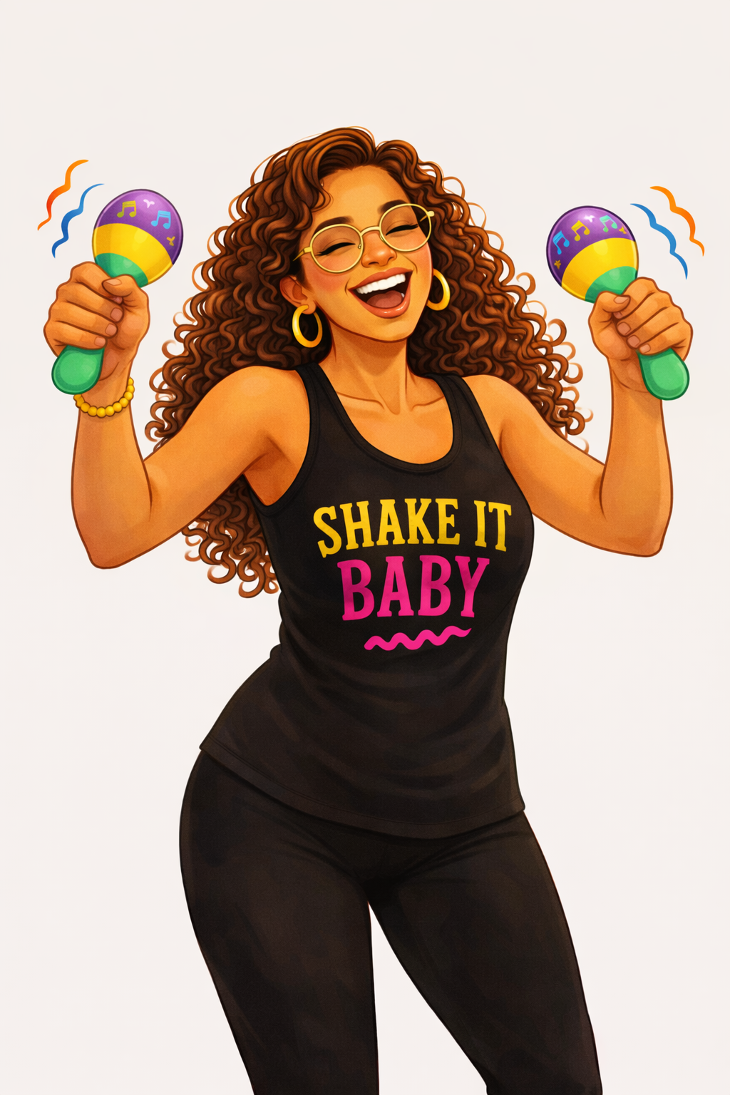 Jessica shaking maracas wearing a Shake it baby Zumbini vest
