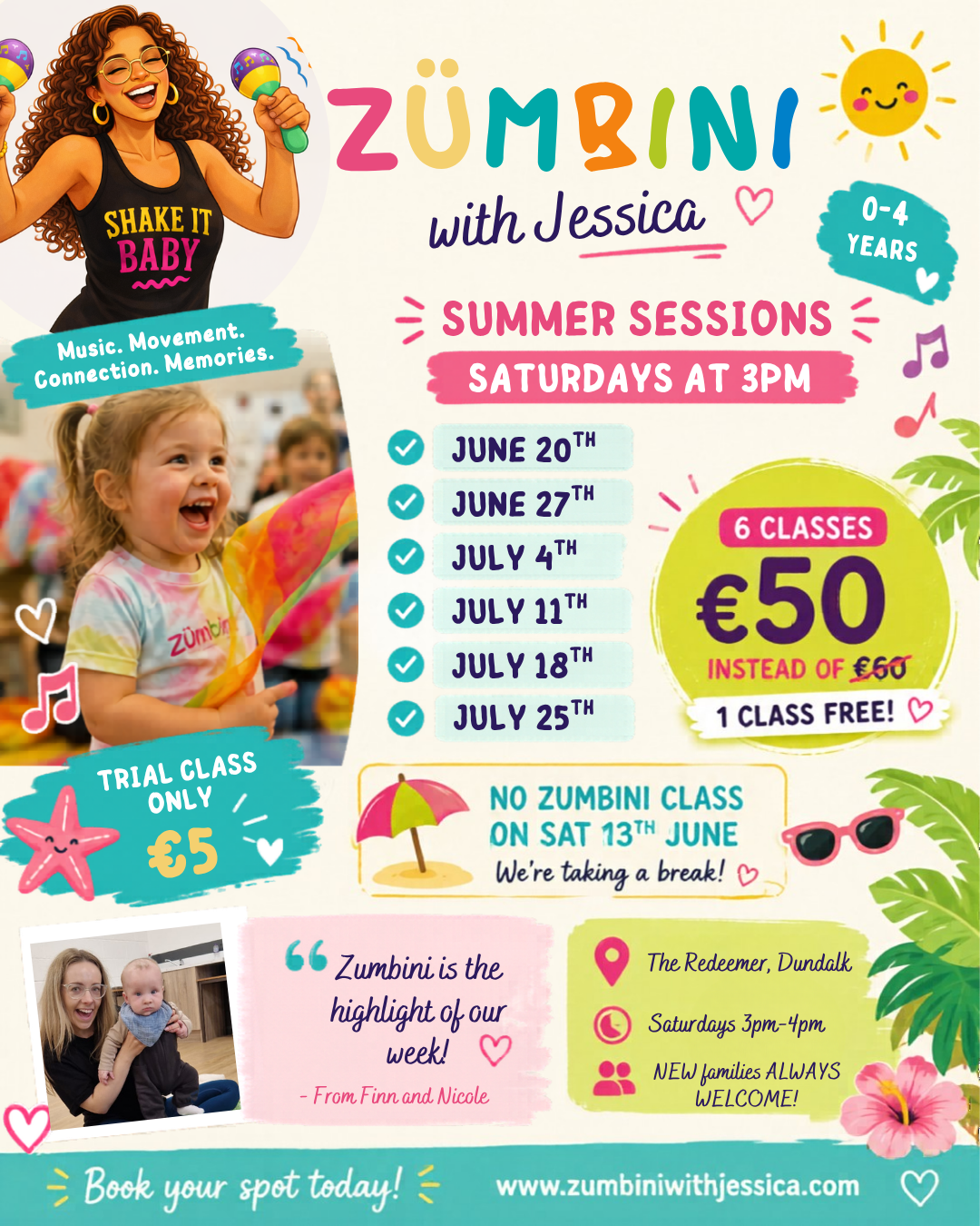 Zumbini with Jessica Summer Sessions poster — Saturdays at 3pm, 6 classes for €50